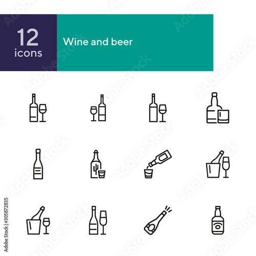 Wine and beer line icon set. Set of line icons on white background. Alcohol concept. Bottle, glass, wine, beer. Vector illustration can be used for topics like bar, alcohol, restaurant