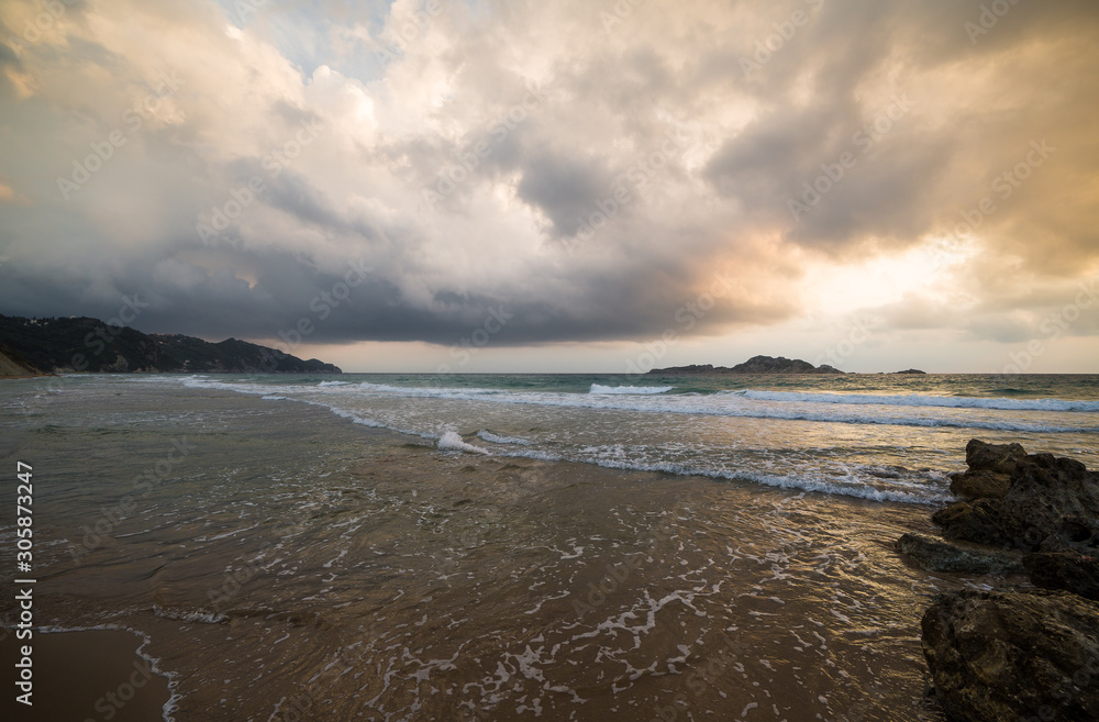 golden sunset on the Greece beach