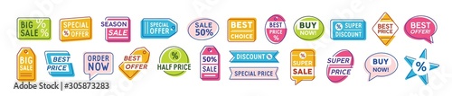 Special offer badges vector set. Best offer, buy now, special price colorful icons collection. Super discount, half price. Marketing labels and stickers isolated on white background pack.