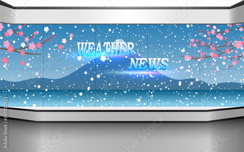 weater news studio room with the snow fall at the fuji mountain background