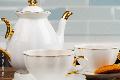Close up photo of porcelain dishware for tea photo