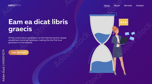 Sandglass and businesswoman answering mails. Time management, e-mail, correspondence flat vector illustration. Websites, business presentations concept for banner, website design or landing web page