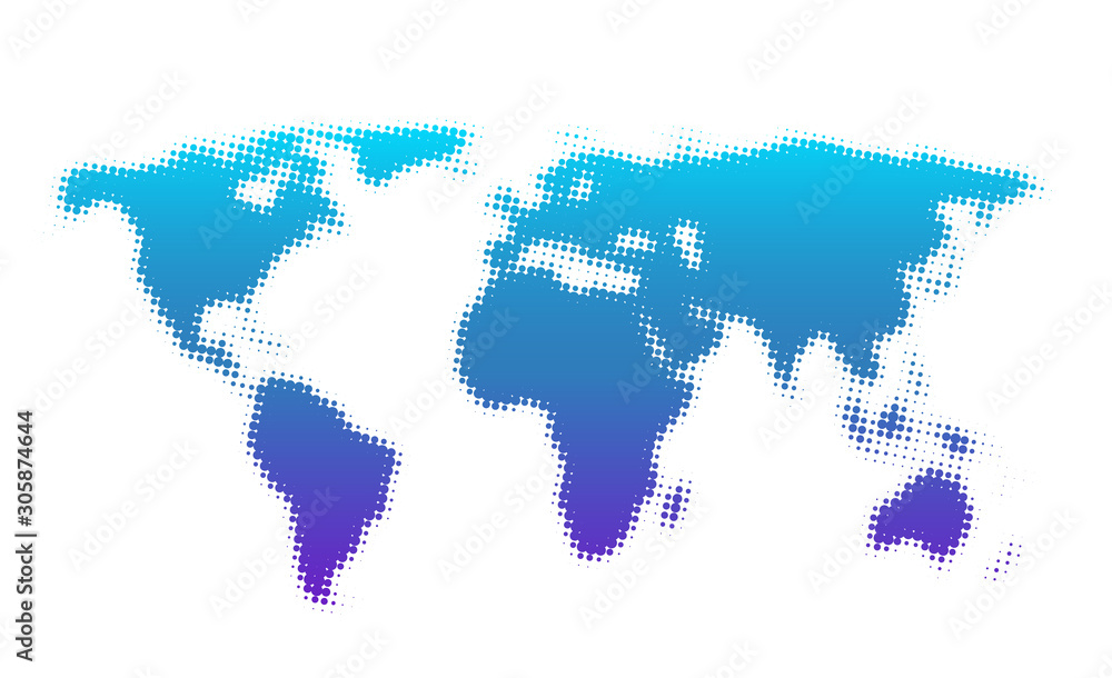 Fototapeta premium Dotted blue and purple abstract world map.