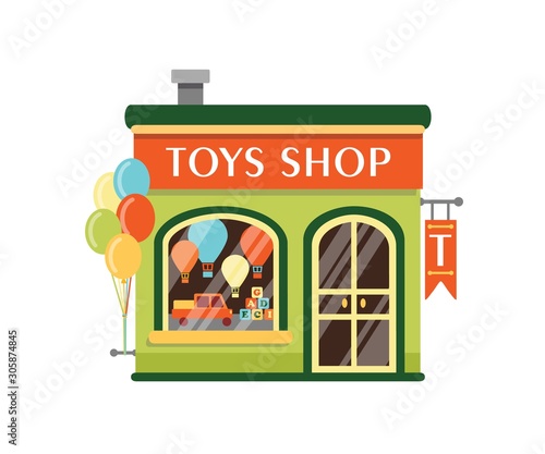 Toys shop flat vector illustration. Kids store building facade with signboard isolated on white background. Goods for children. Small kiosk with wooden cubes, tuck car and air balloons at showcase.