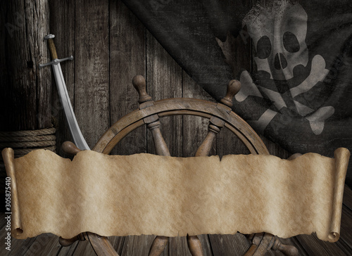 Pirates ship deck with jolly roger flag and old paper scroll or map banner 3d illustration