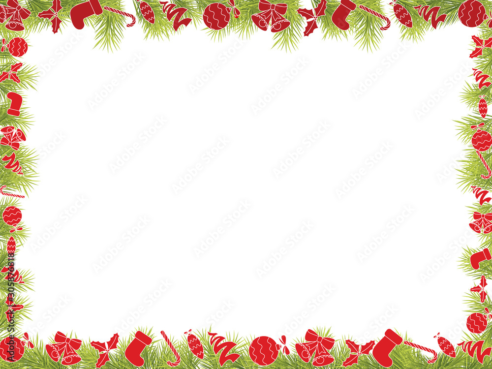 Christmas Frame Background with Candies, baubles, socks, bells, and trees