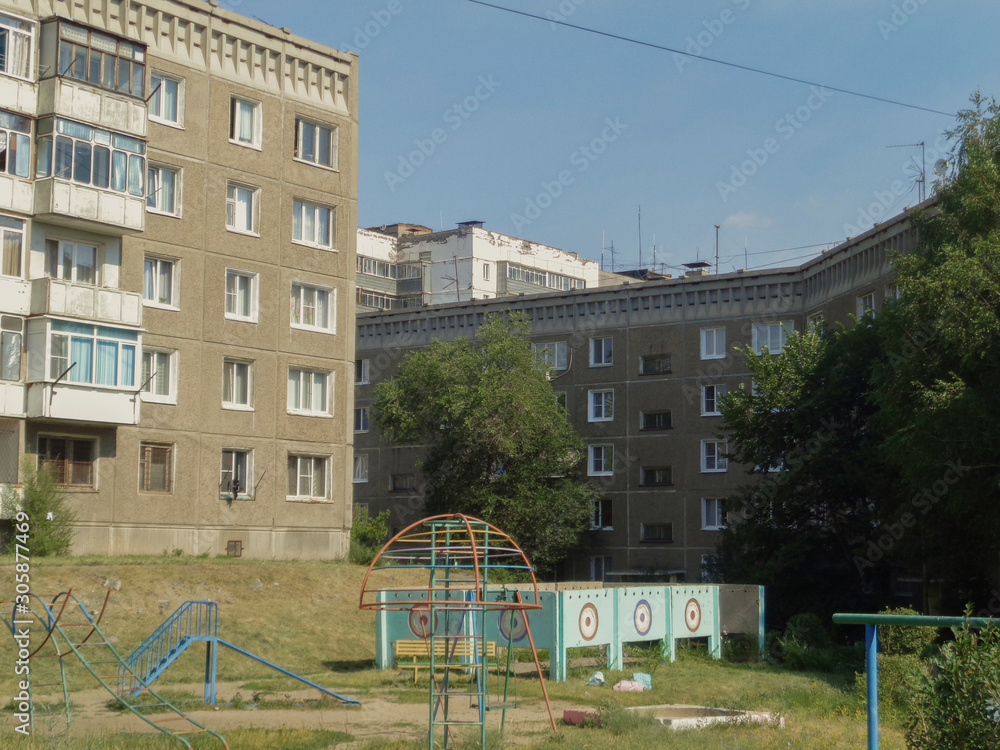 Soviet architecture. Ust-Kamenogorsk (Kazakhstan) Apartment buildings. Soviet architectural style. Residential buildings. Soviet built multistory apartment buildings. Old residential area