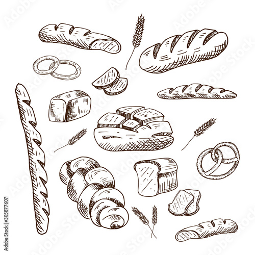 Bakery set. Collection of hand drawn bread products. Sketch style vector illustration. Isolated on white