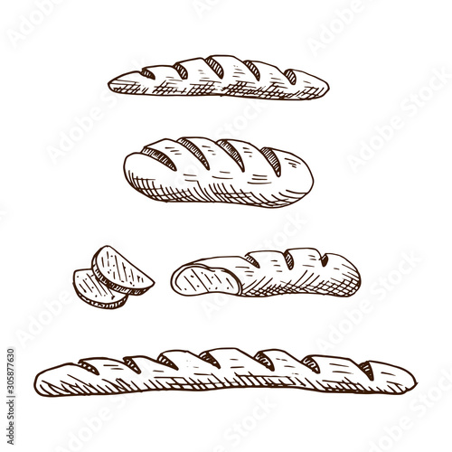Bakery set. Collection of hand drawn bread products. Sketch style vector illustration. Isolated on white