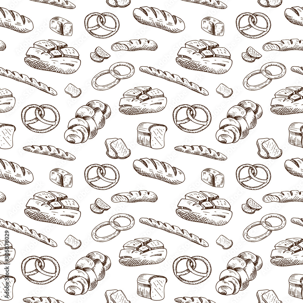 Bakery pattern. Hand drawn bread products on white background. Sketch style. Seamless vector backdrop