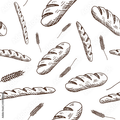 Bakery pattern. Hand drawn bread products on white background. Sketch style. Seamless vector backdrop.