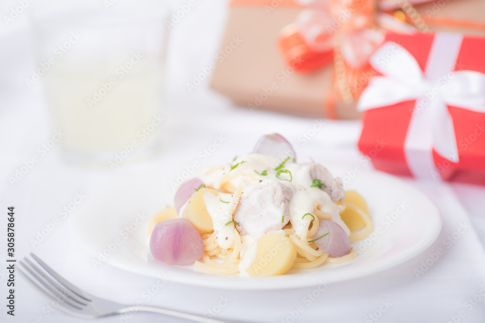 Spaghetti carbonara Italian style homemade food in winter Spaghetti carbonara Italian style homemade food in winter