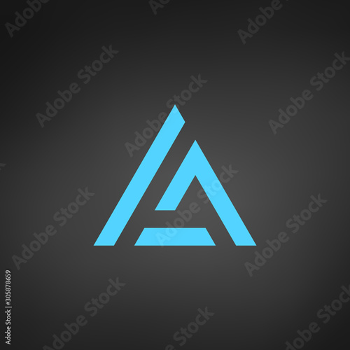 Abstract blue triangle shape with letter letter A. Stock Vector illustration isolated on black background.
