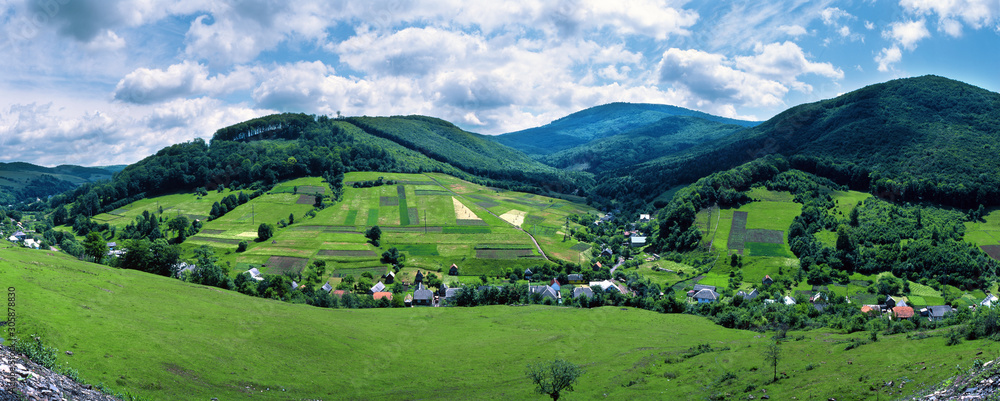 View of the village Abranka and the Carpathian mountains, Transcarpathian region, Ukraine.