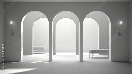 Slika na platnu Total white project draft, classic eastern lobby, modern hall with stucco walls,