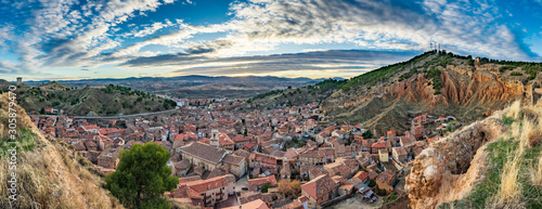 Sunset over Daroca antique village with tile roofs, gigapan photo