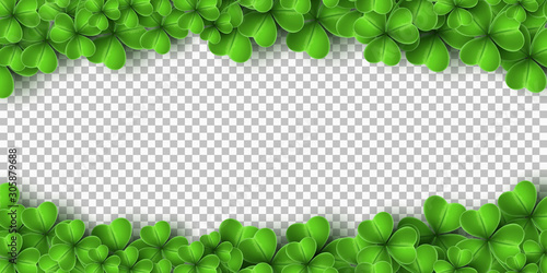 Banner for Saint Patricks Day. Realistic green clovers isolated on transparent background. Vector illustration