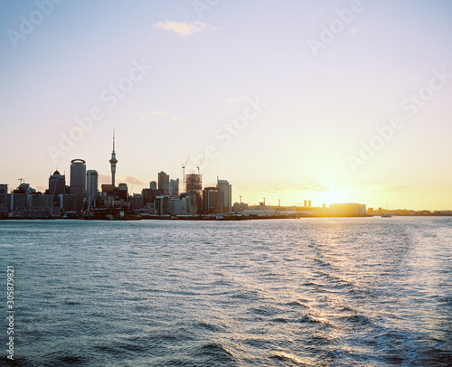 View of Auckland skyline at sunset
