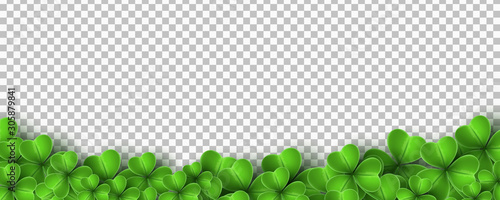 Realistic green clovers isolated on transparent background. Saint Patricks Day. Vector illustration