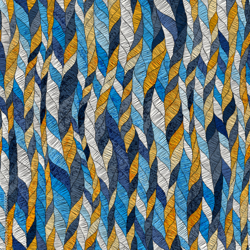 Embroidered wavy pattern. Braided braids, ribbons, tows vertically directed. Grunge texture. Blue, white and orange waves. Patchwork style ornament. Print for textiles, carpets, packaging vector.