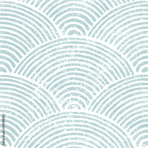 Seigaiha wave seamless pattern. Blue and white Japanese print. Grunge texture. Vintage striped background for textiles. Vector illustration.