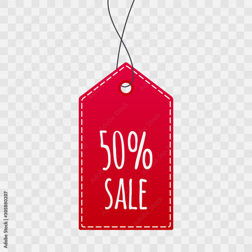 Up to 50% shopping tag for sale. Vector isolated icon on transparent background. Sign for label, price, best offer, advertisement