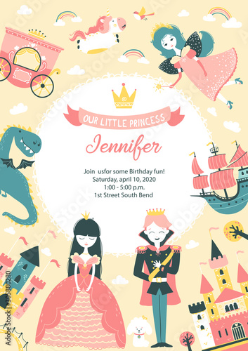 Princess party birthday invitation with template for text. Cute vertical postcard, banner for baby girl with castle, prince, princess, fairy, unicorn, dog, dragon, crown