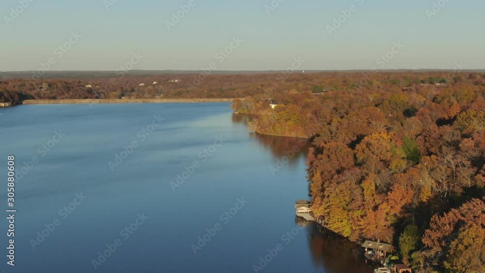 Aerial view of Ozark mountain fall colors beside lake Aerial view of Ozark mountain fall colors beside lake