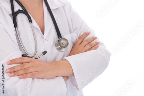 Medical concept of young female doctor in uniform with stetoscope on white background