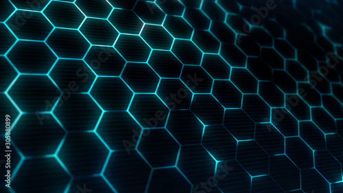 Abstract technology background with hexagons texture. Blue futuristic pattern of a hexagonal surface.