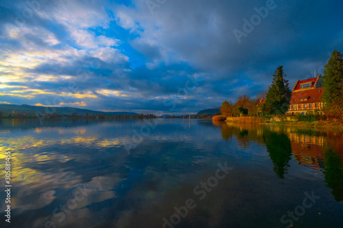 In the evening on Lake Constance near the castle Oberstaad. Autumn.