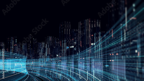 3D Rendering of abstract highway path through digital binary towers in city. Concept of big data, machine learning, artificial intelligence, hyper loop, virtual reality, high speed network.  photo
