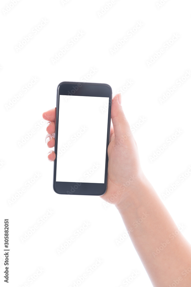 Smartphone with a blank white screen. New popular smartphone in hand on white background Smartphone with a blank white screen. New popular smartphone in hand on white background