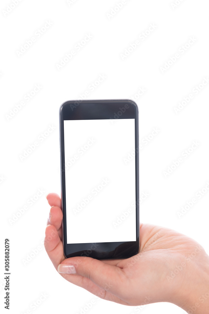 Smartphone with a blank white screen. New popular smartphone in hand on white background