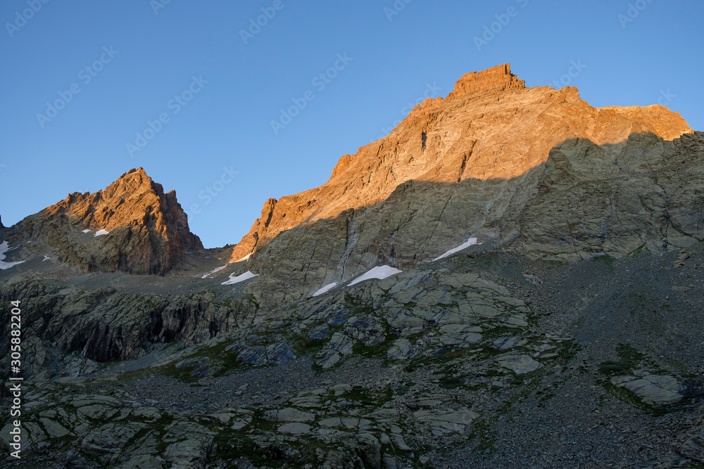 Peak of Monviso (3841m) photographed at sunset from west