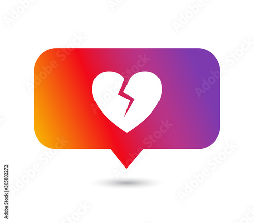 Social media hiding likes vector concept. Broken heart icon on colorful comment sign. 