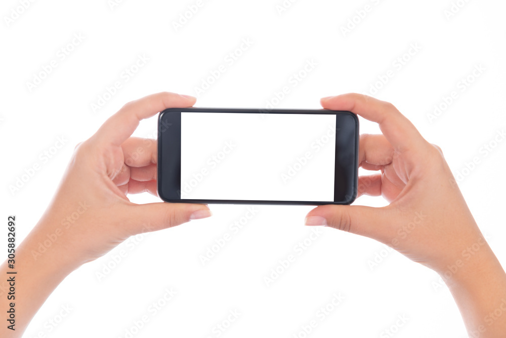 Smartphone with a blank white screen. New popular smartphone in hand on white background Smartphone with a blank white screen. New popular smartphone in hand on white background