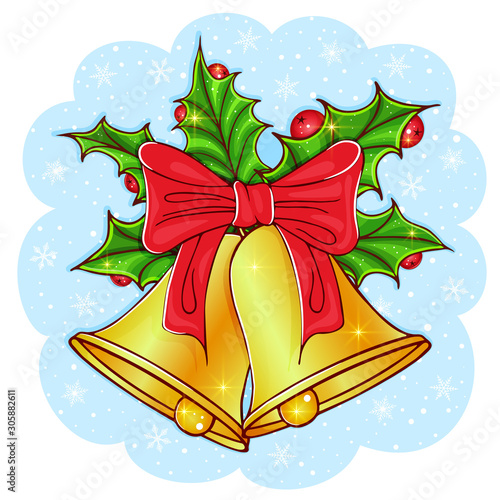 Sprig of holly, ilex, mistletoe, berries, green aquifolium leaves. Bells with ribbon. Christmas New Year greeting card. Hand drawn. Design elements. Vector illustration isolated on a white background.