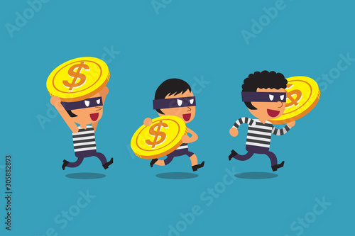 Vector cartoon thieves with big coins for design.