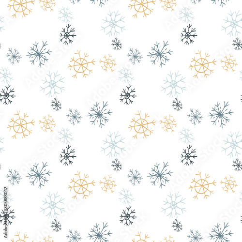 Christmas and New Year. Gold, light blue and navy blue snowflakes. Seamless vector pattern on a white background.