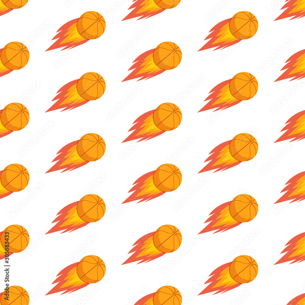 Fototapeta premium Seamless pattern of basketballs. Sports background in vector. A flying ball leaves a trail of fire. Flat style. For processing any surface, packaging, fabrics, textiles,