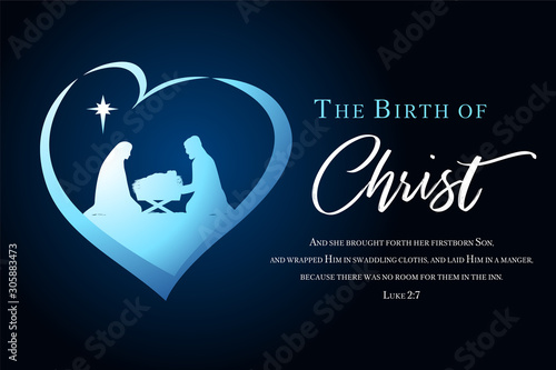 Christmas scene of baby Jesus in the manger with Mary and Joseph silhouette in heart. Christian Nativity with lettering The Birth of Christ and Bible text Luke 2, 7, vector banner