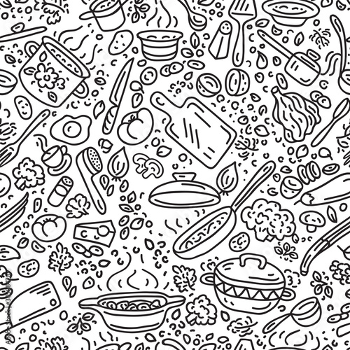 Food vector background. Cooking seamless vector pattern. Vegetables, pots, spoons, spices.