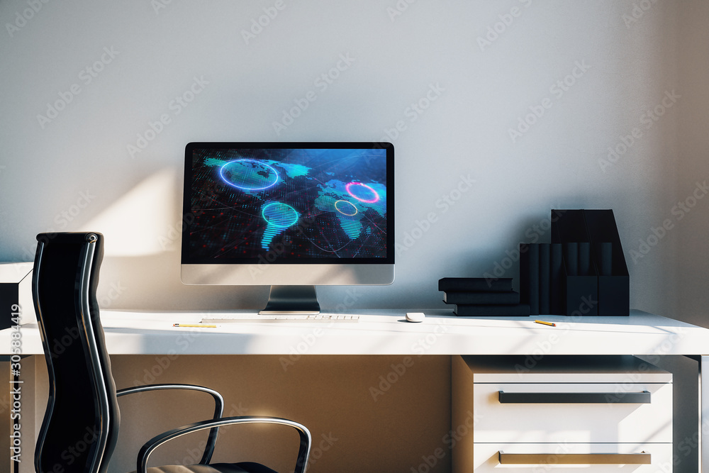 Cabinet desktop interior with world map on computer screen. Concept of international market and trading. 3d rendering. Cabinet desktop interior with world map on computer screen. Concept of international market and trading. 3d rendering.
