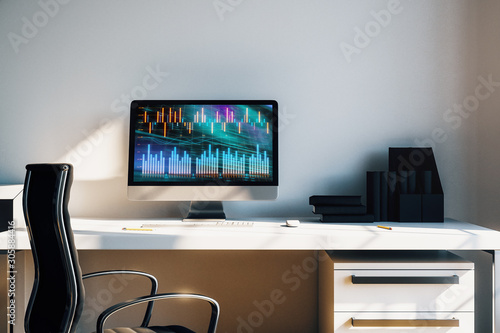 Cabinet desktop interior with financial charts and graphs on computer screen. Concept of stock market analysis and trading. 3d rendering.