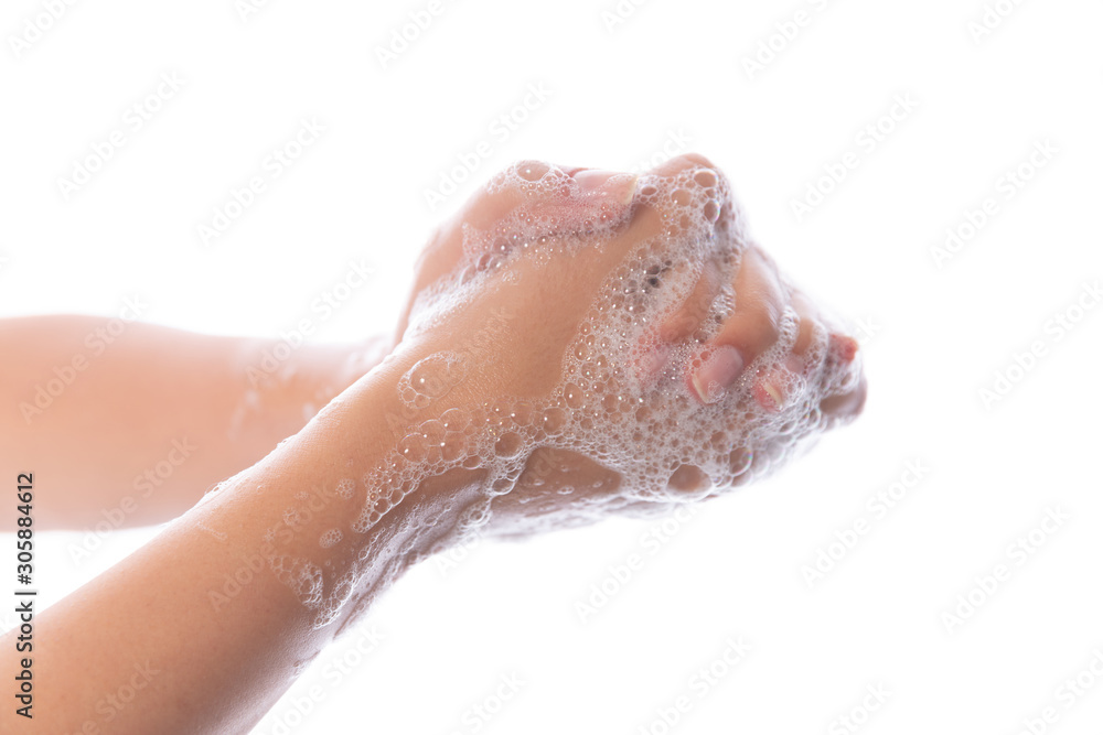 Fototapeta premium Hygiene. Cleaning Hands. Washing hands with soap bubbles