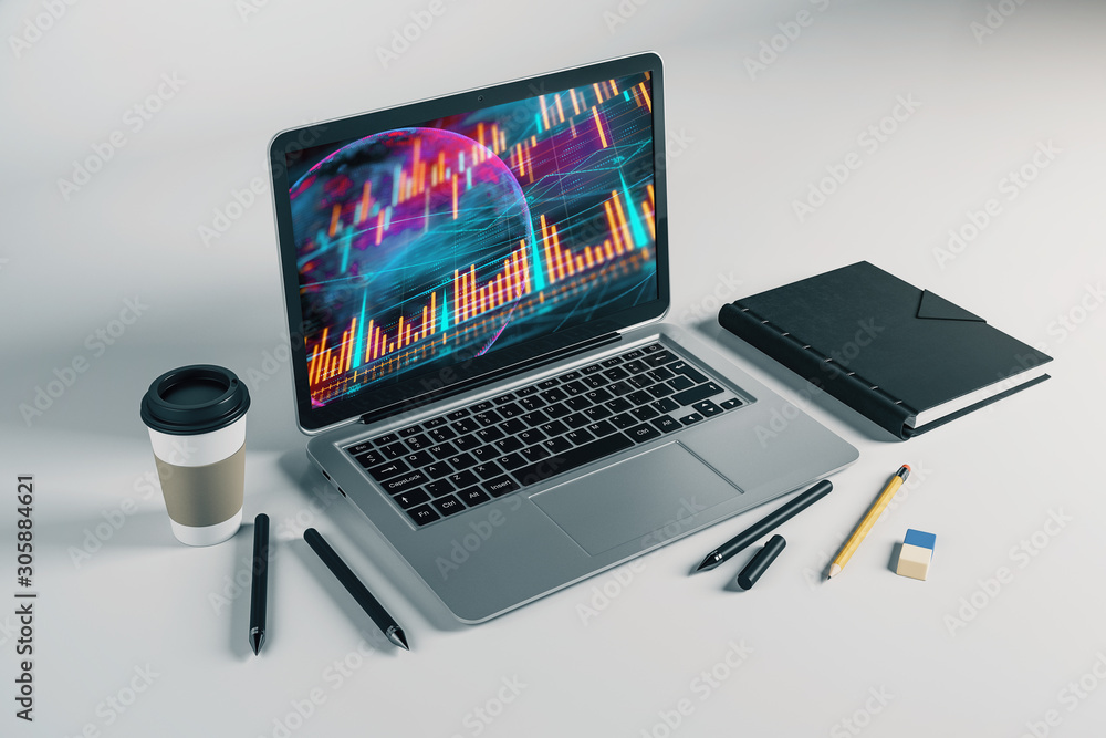 Laptop closeup with forex graph and world map on computer screen. Financial trading and education concept. 3d rendering. Laptop closeup with forex graph and world map on computer screen. Financial trading and education concept. 3d rendering.