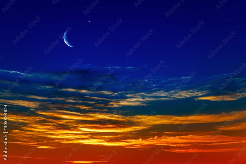 New moon . Religion background . The sky at night with stars. Ramadan background . Prayer time . Moon and beautiful night with stars New moon . Religion background . The sky at night with stars. Ramadan background . Prayer time . Moon and beautiful night with stars
