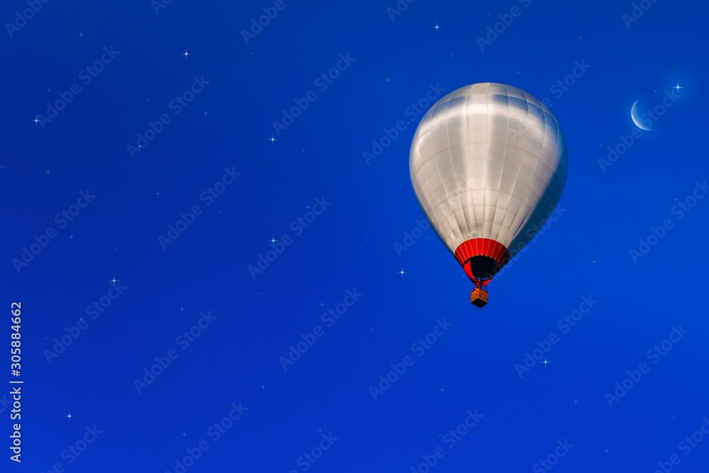 Balloon and background night sky. Moon night. High balloon flight