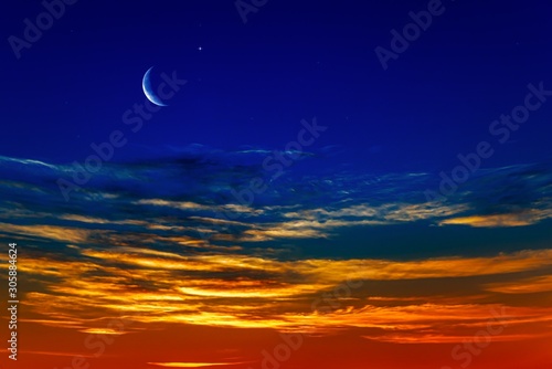 New moon . Religion background . The sky at night with stars. Ramadan background . Prayer time . Moon and beautiful night with stars